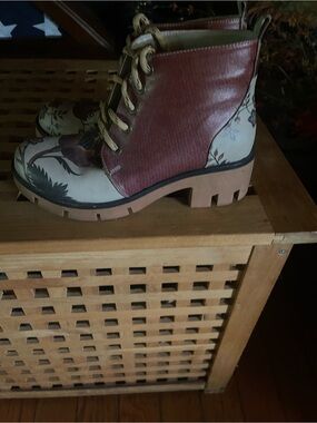 Goby brand Burgundy and Cream Floral Lace-Up Ankle Boots